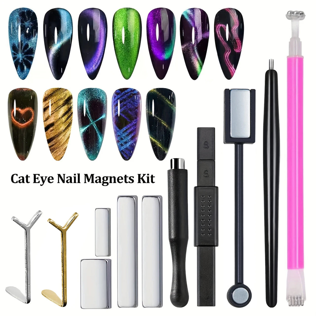 Cat Eye Magnet Set 9pcs for Nails - Heart Shaped Rabbit Design DIY Tool