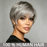 Short Gray Human Hair Wig - Straight Pixie Cut with Comfort Fit Cap