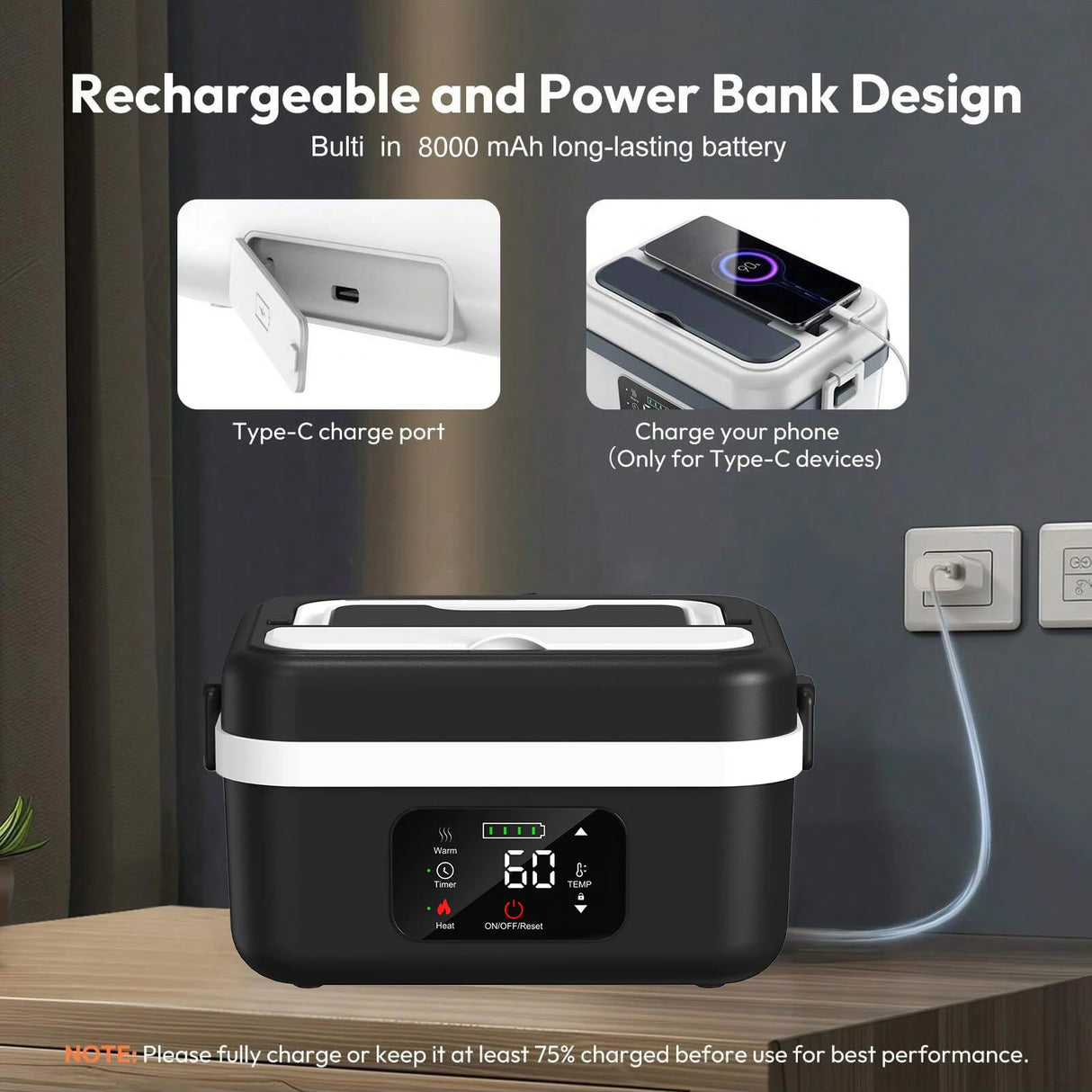 Electric Insulated Lunch Box with 8000mAh Battery, 60W Heating, 1L Capacity