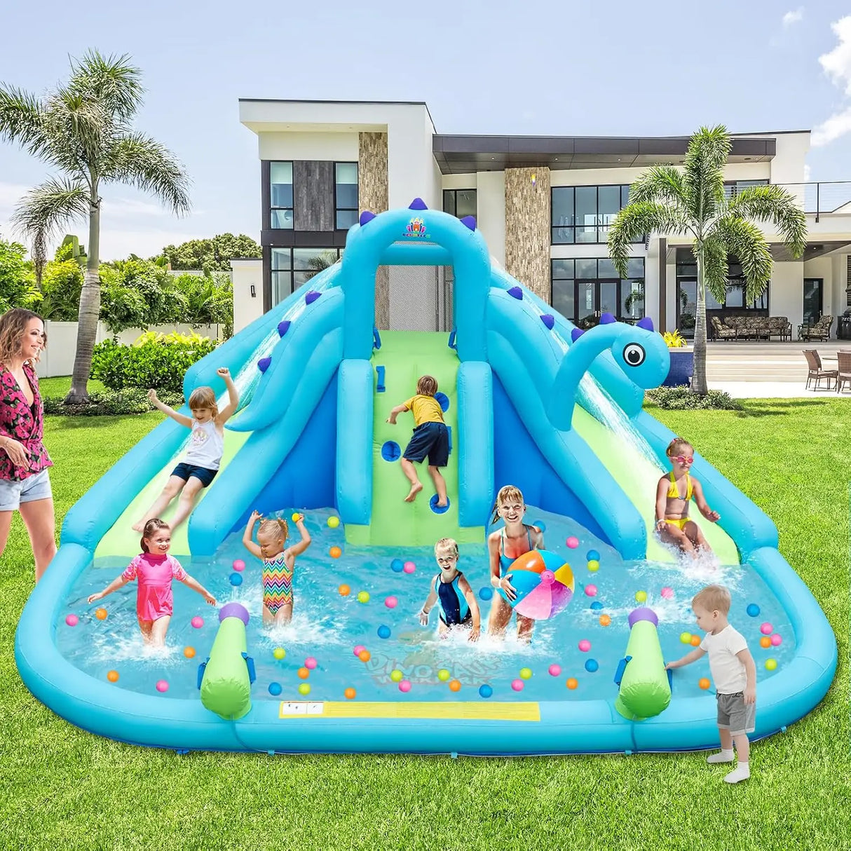 Dinosaur Inflatable Bounce Park with Slides and Splash Pool, Wet & Dry Combo