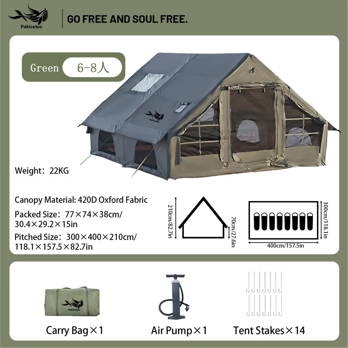 Inflatable Camping Tent for 4-8 Persons, Waterproof with Carry Bag
