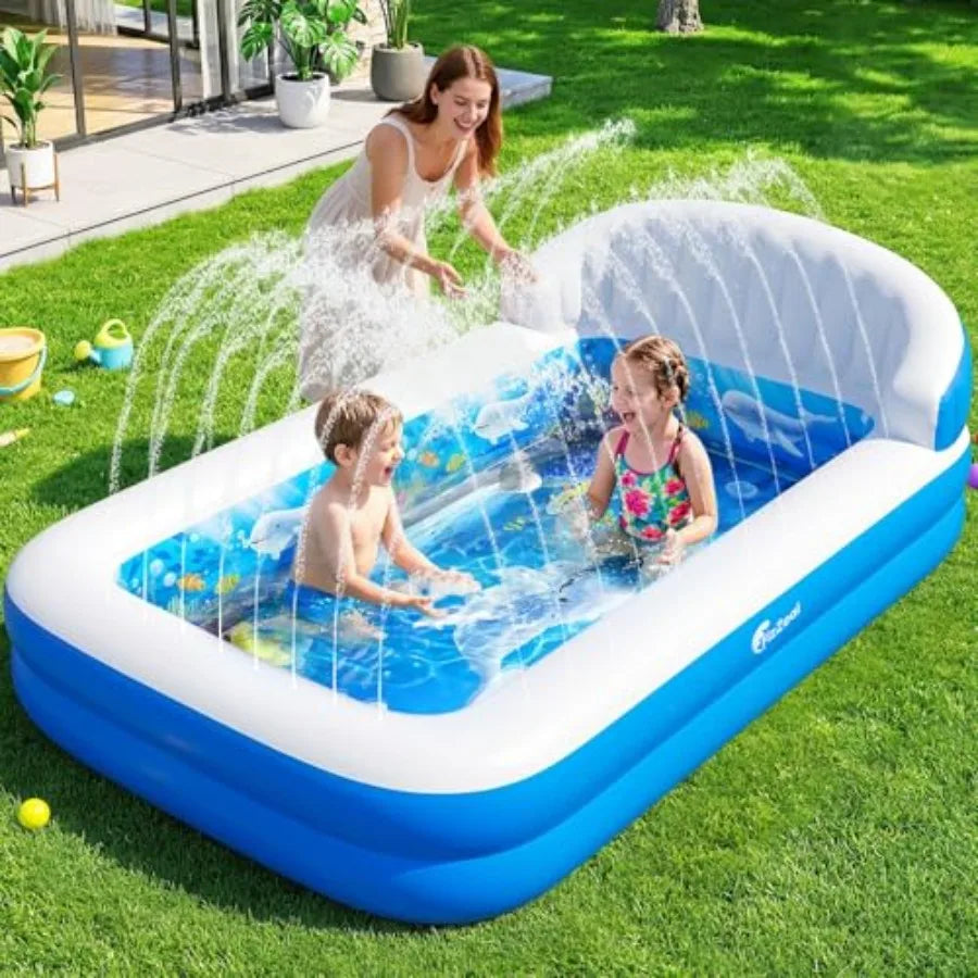 Inflatable Kids Swimming Pool with Sprinkler and Backrest, Blue & Yellow