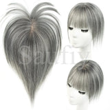 Gray Hair Toppers with Bangs for Women, Clip-in Human Hair, 5x9cm