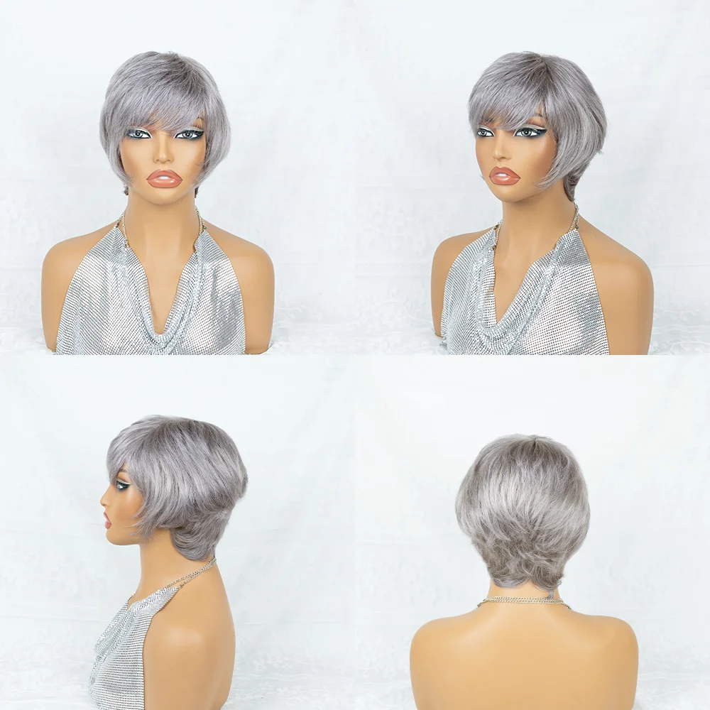 Short Gray Human Hair Wig - Straight Pixie Cut with Comfort Fit Cap