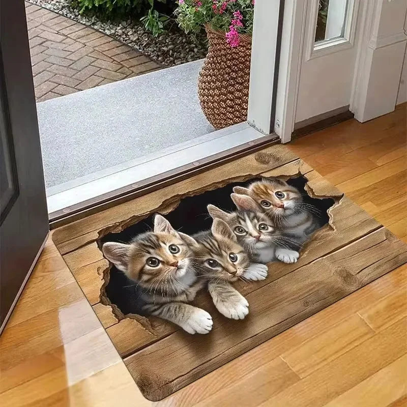 Cartoon Cat Entrance Door Mat - 2D Wooden Design - Anti-Slip Soft Pad