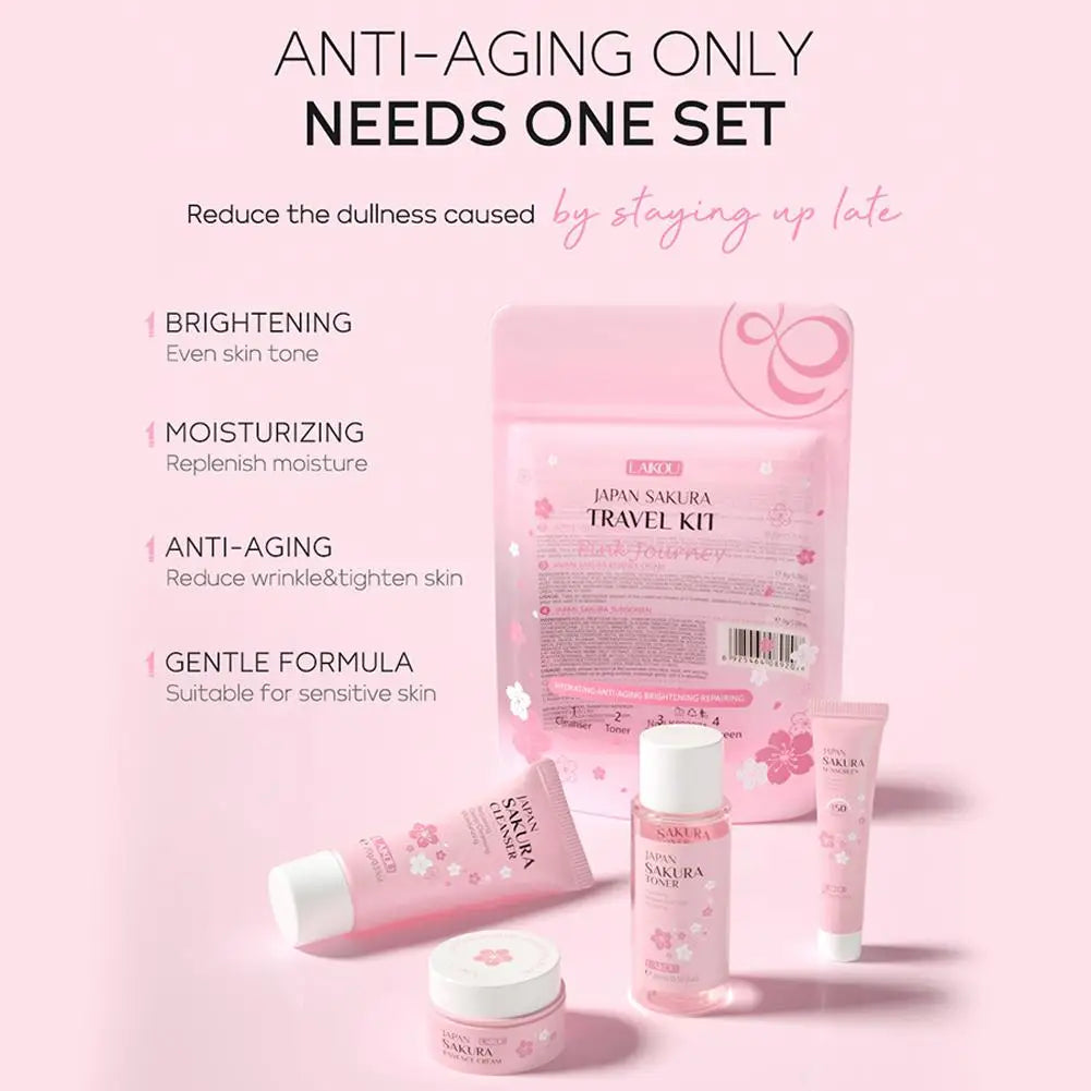 Sakura Skin Care Set with Cleanser, Serum, Eye Cream - Travel Kit for Women