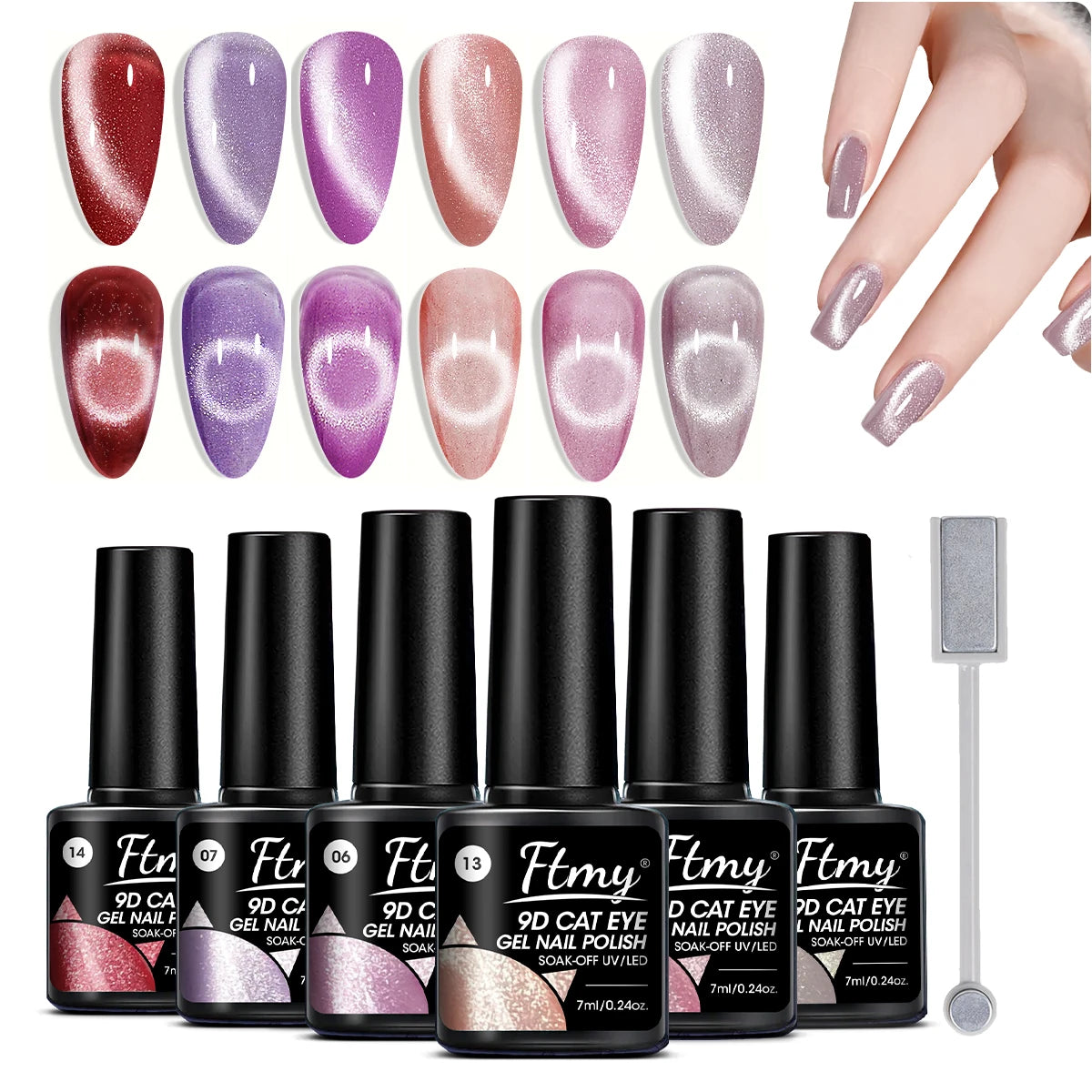 Cat's Eye Magnetic Nail Gel Set - 6 Colors, UV LED Soak Off, Odorless