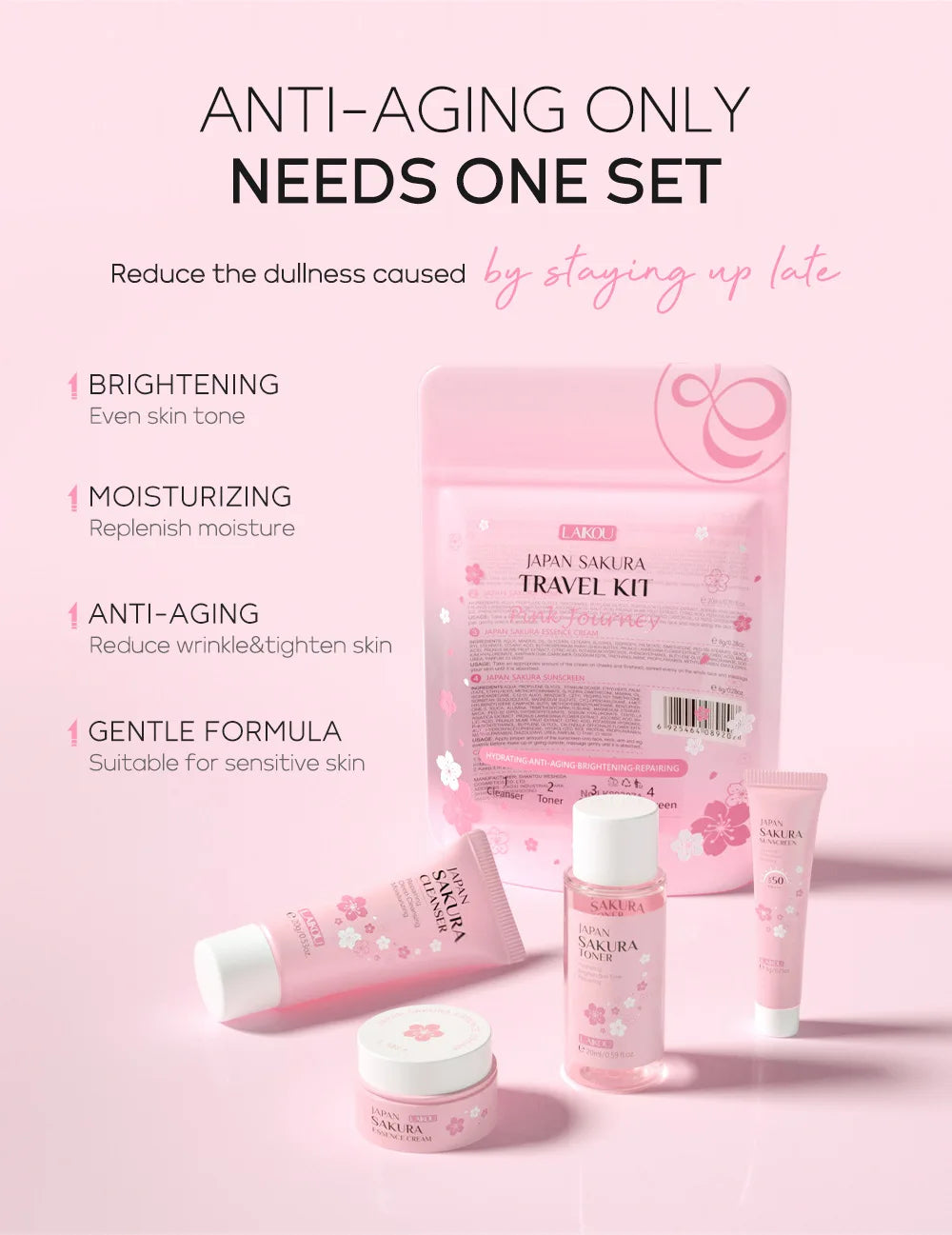 Sakura Skin Care Set - Facial Cleanser, Cream, Serum, Toner - Moisturizing Kit