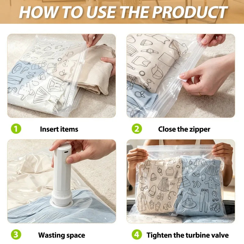14Pcs Air Vacuum Bags with Rechargeable Pump for Clothes and Bedding