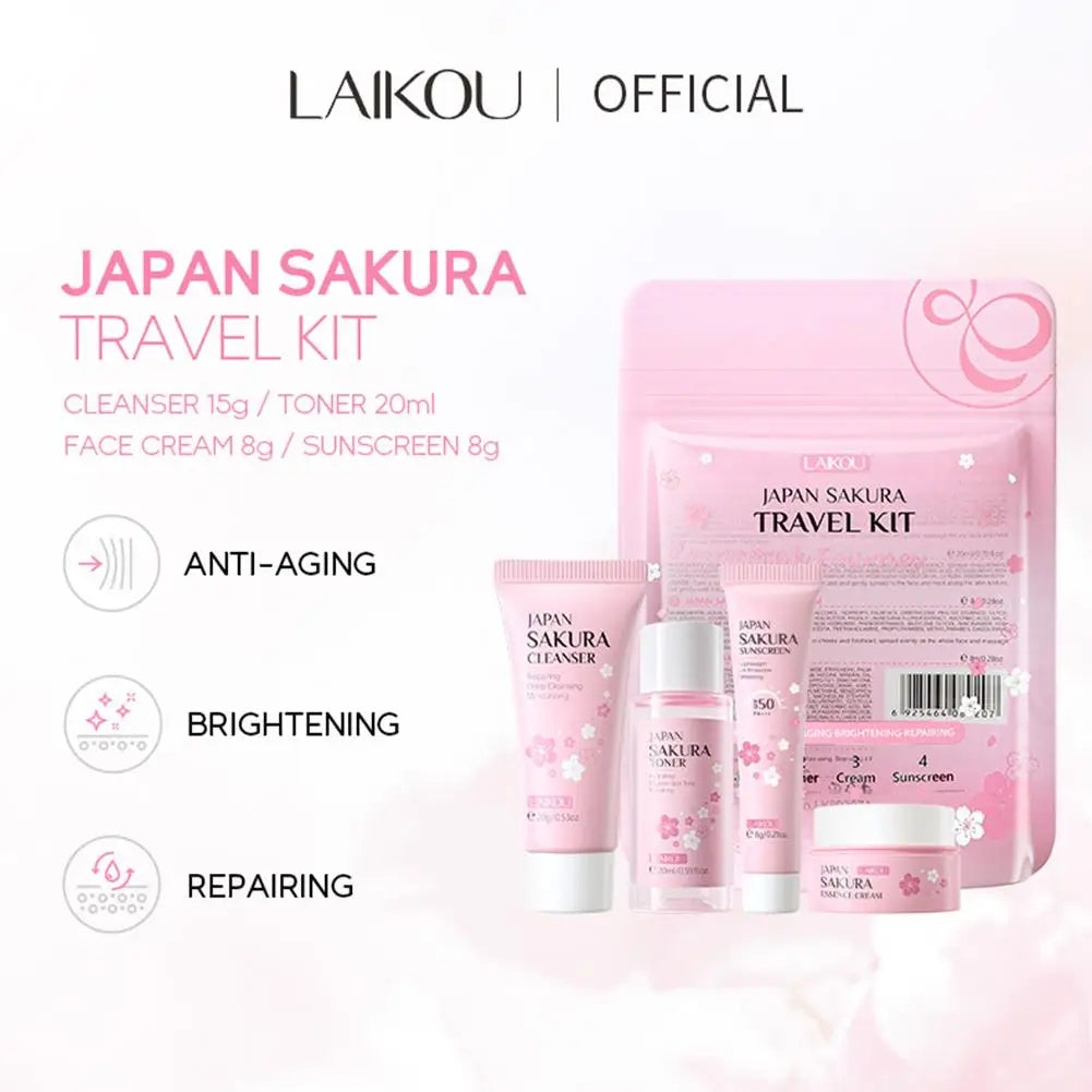 Sakura Skin Care Set with Cleanser, Serum, Eye Cream - Travel Kit for Women
