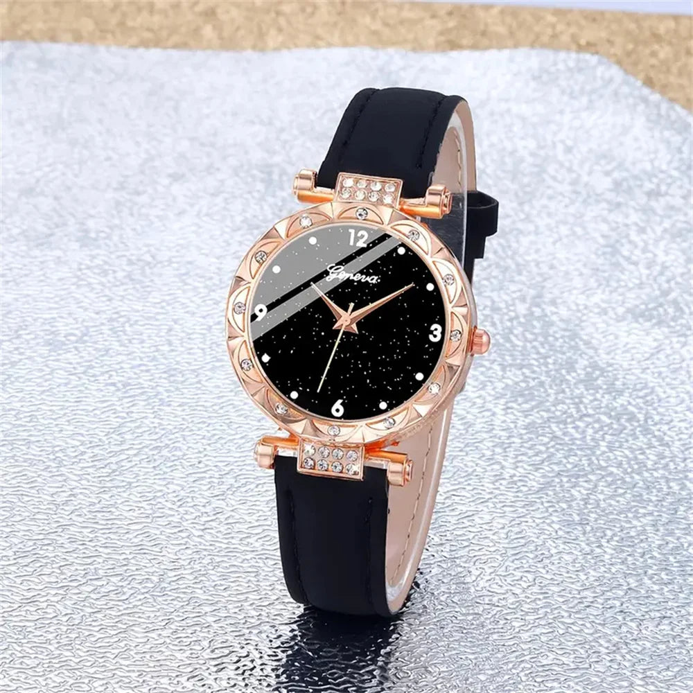 Luxury Rhinestone Women's Watch Set - 5pcs Elegant Quartz Wristwatch Gift