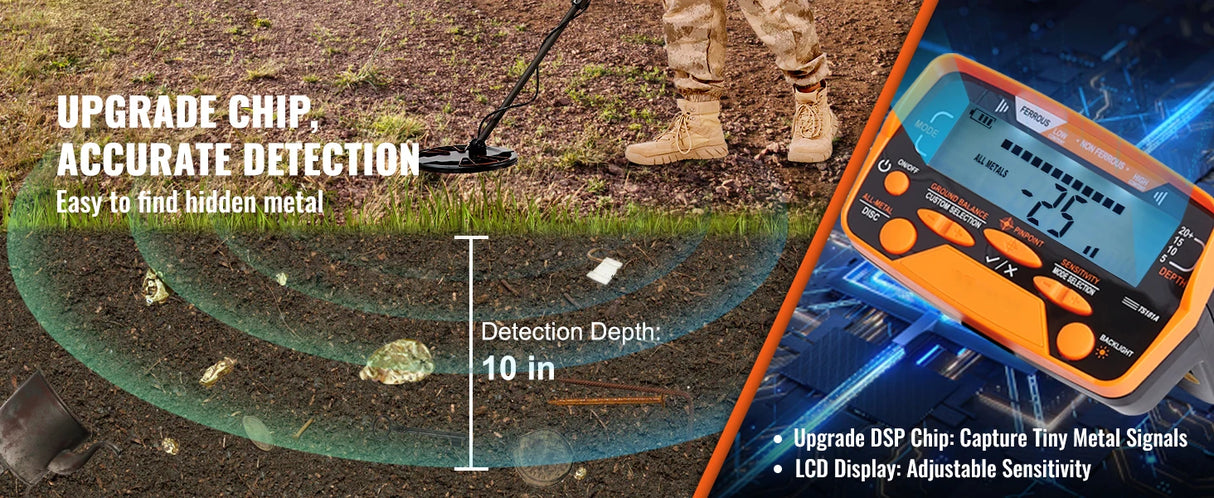 Metal Detector with 10-Inch Waterproof Coil and LCD Display, Adjustable Stem