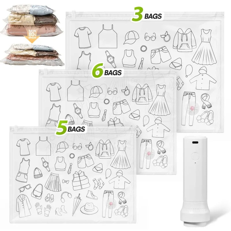 14Pcs Air Vacuum Bags with Rechargeable Pump for Clothes and Bedding
