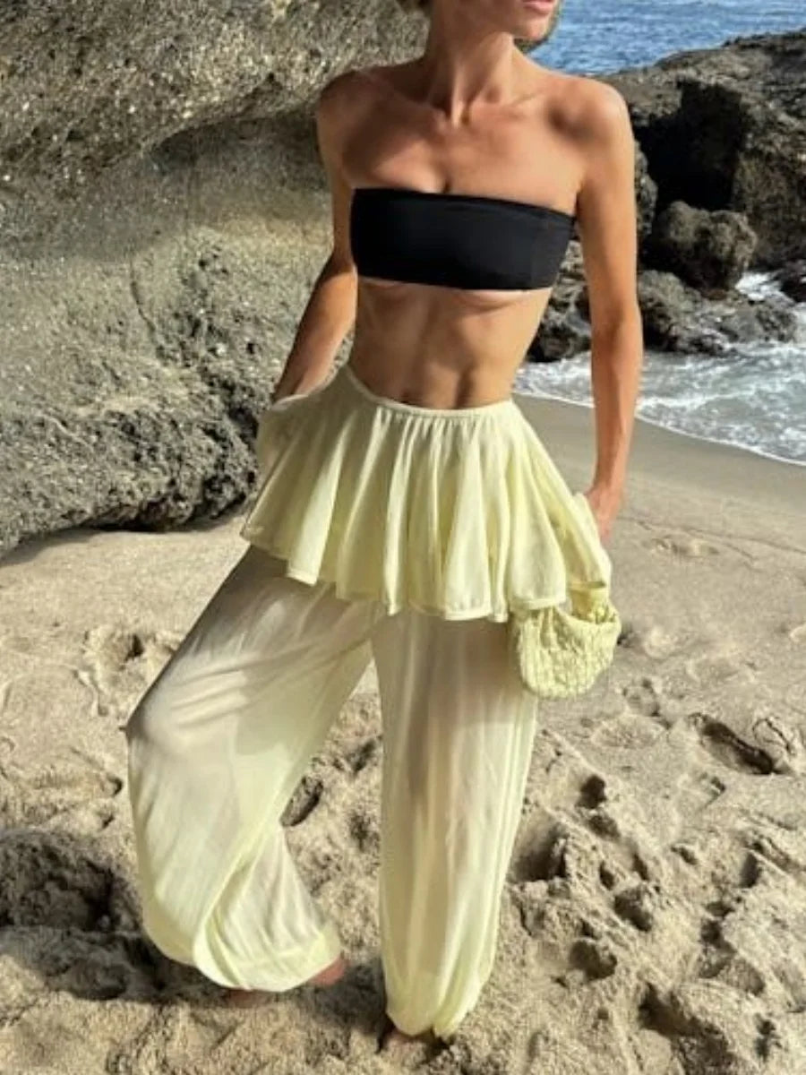 Women’s Sheer Bloomers Skirted Pants Wide Leg Culottes - Mid Rise Flare