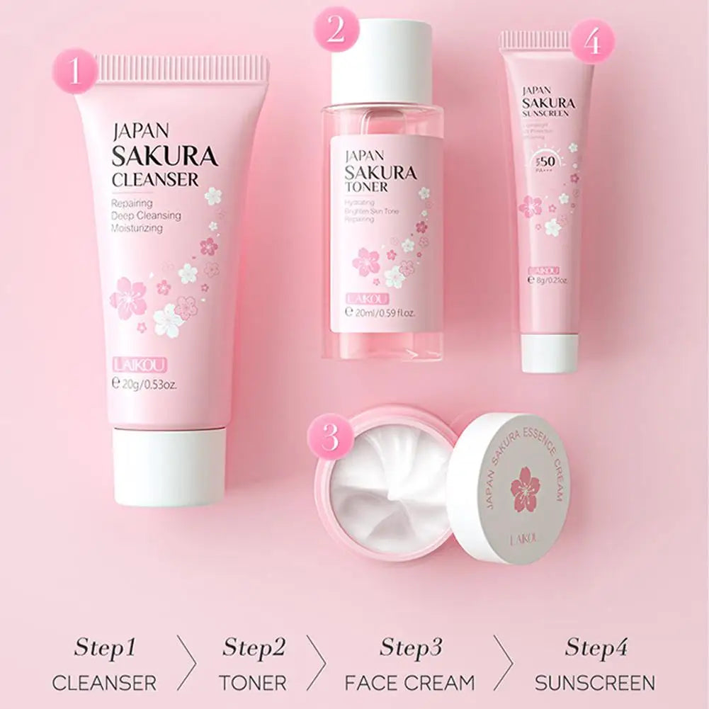 Sakura Skin Care Set with Cleanser, Serum, Eye Cream - Travel Kit for Women