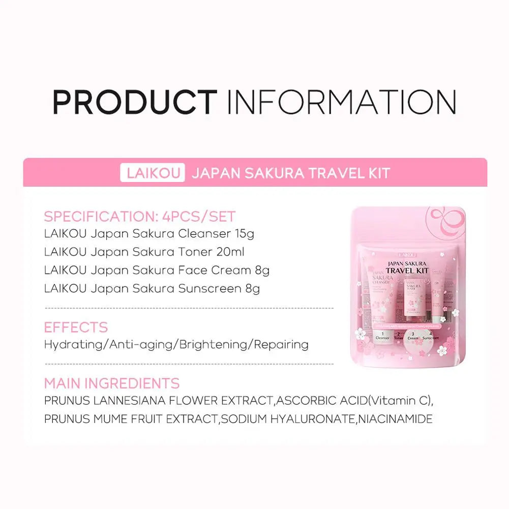 Sakura Skin Care Set with Cleanser, Serum, Eye Cream - Travel Kit for Women