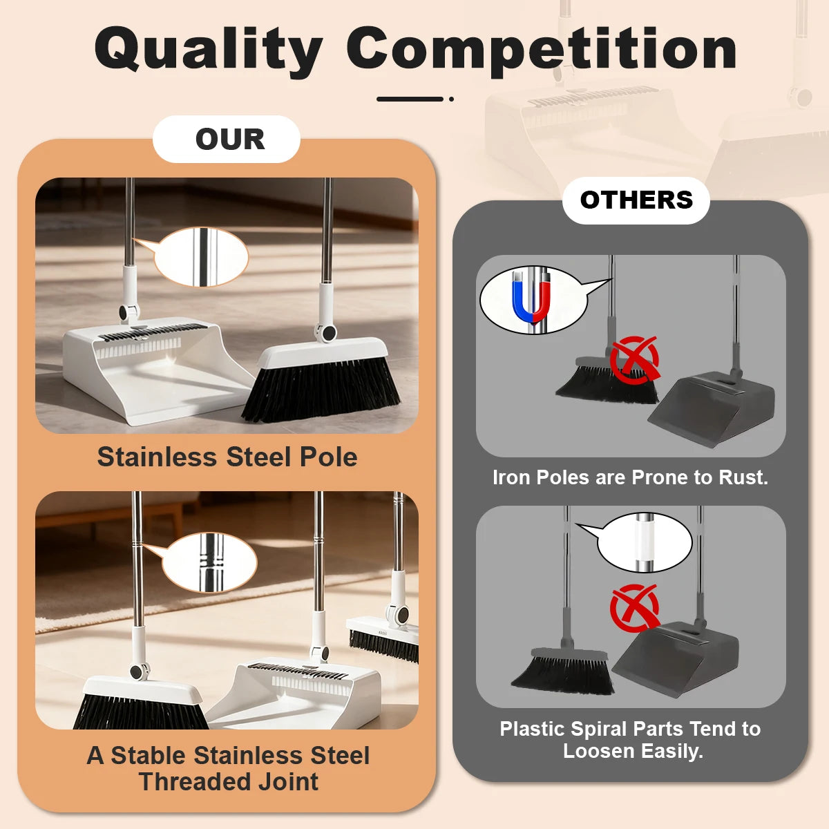 3-in-1 Long-Handled Broom and Dustpan Set for Home Office School Dorm