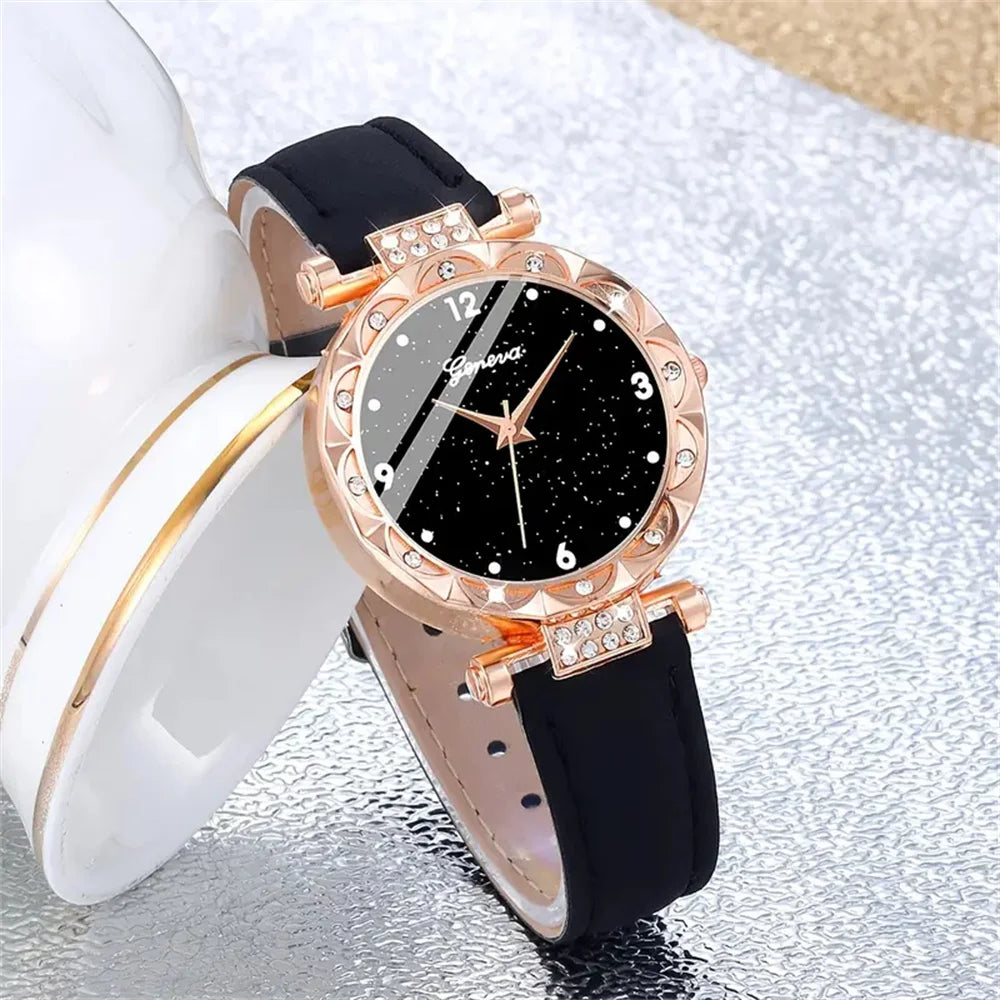 Luxury Rhinestone Women's Watch Set - 5pcs Elegant Quartz Wristwatch Gift