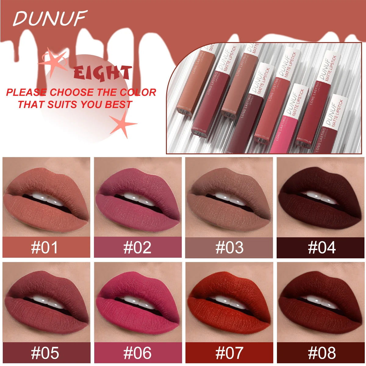 8pc Lip Gloss Set Matte Waterproof Highly Pigmented Nude Red Makeup
