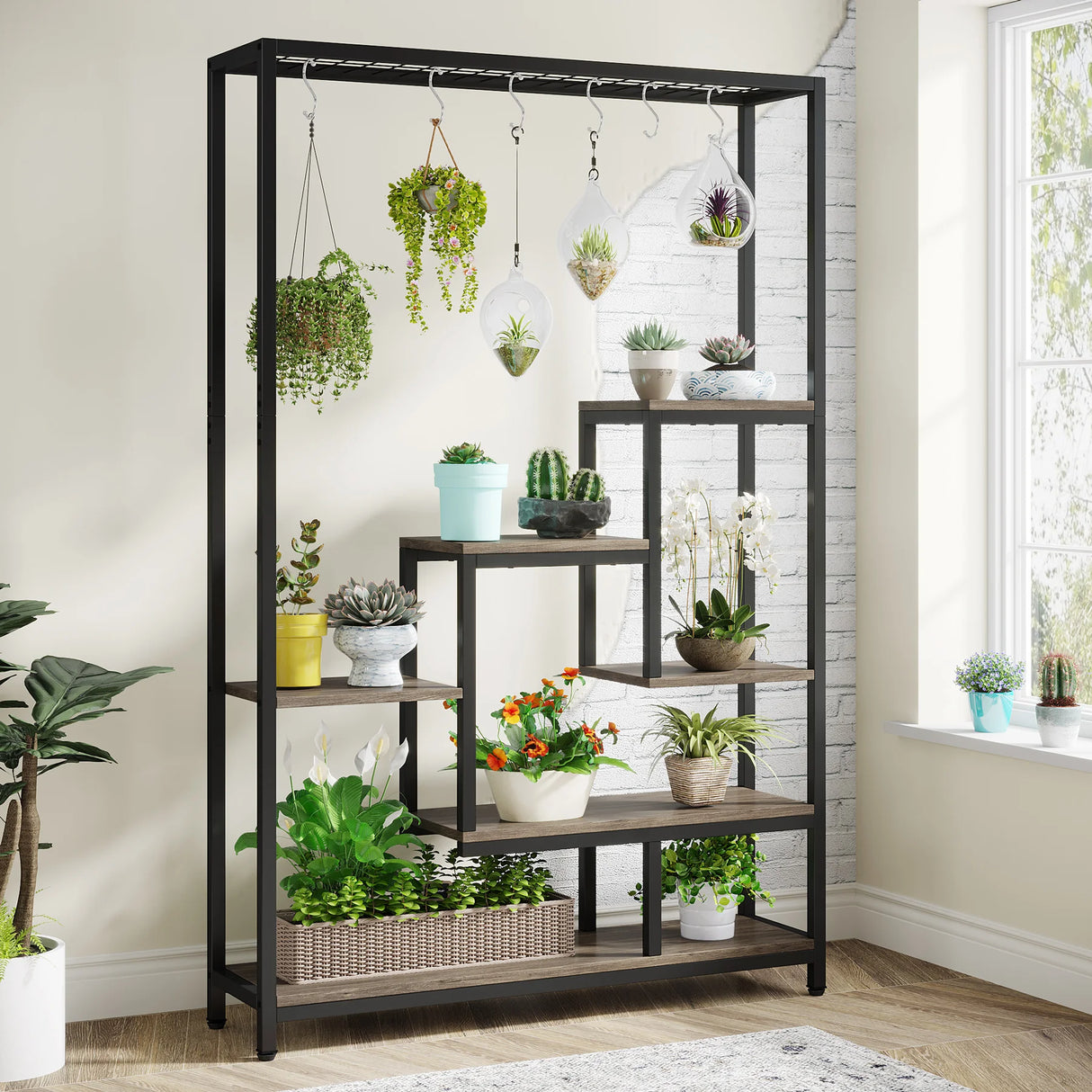 Tribesigns 5-Tier Tall Indoor Plant Stand with 10 Hanging Hooks, 70.9 Inches