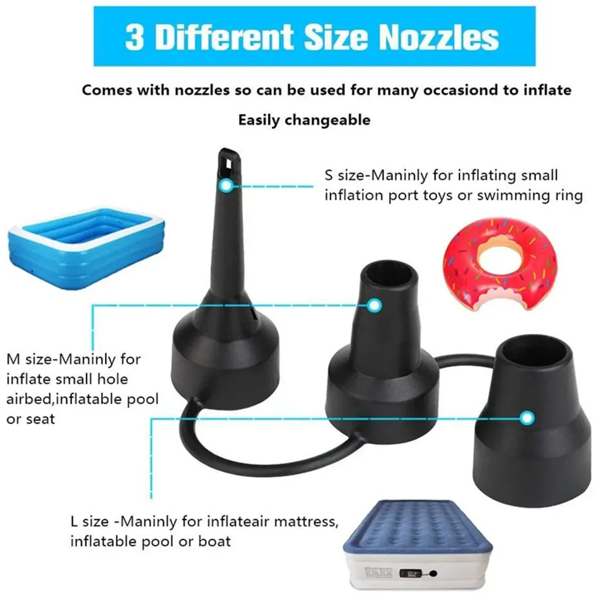 Portable Electric Air Pump 12V with 3 Nozzles for Inflatable Pools and More