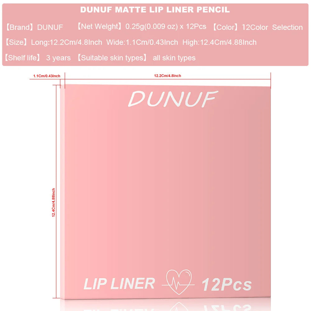 Matte Lip Liner Pencil Set 12 Colors Waterproof Highly Pigmented Makeup