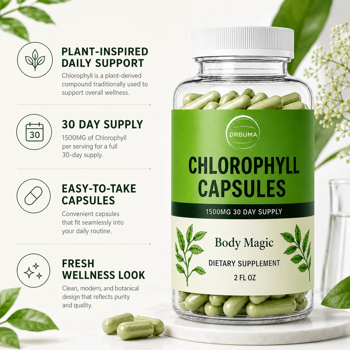 Chlorophyll Capsules with Natural Plant Formula, 30 Count