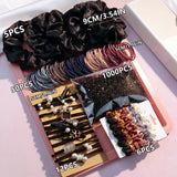 1085PCS Dark Hair Accessories Set - Seamless Ponytail Holders & Scrunchies