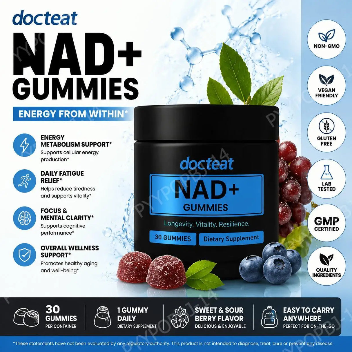 NAD+ Gummies with Nicotinamide Riboside, 30 Count, Sweet-Tart Chews