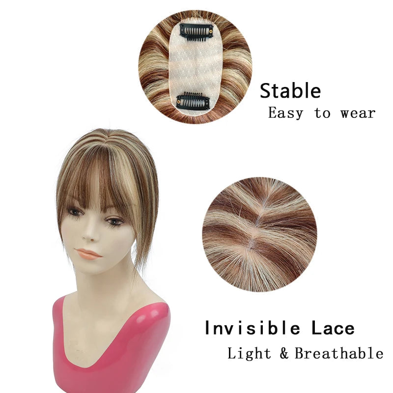 Human Hair Toppers with Clips for Volume and Length, 5x9cm Base