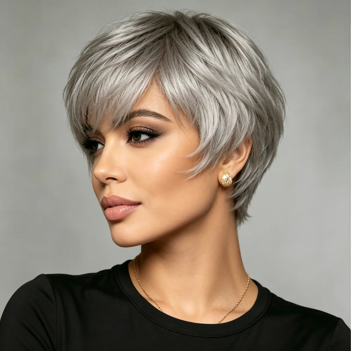 Short Gray Human Hair Wig - Straight Pixie Cut with Comfort Fit Cap