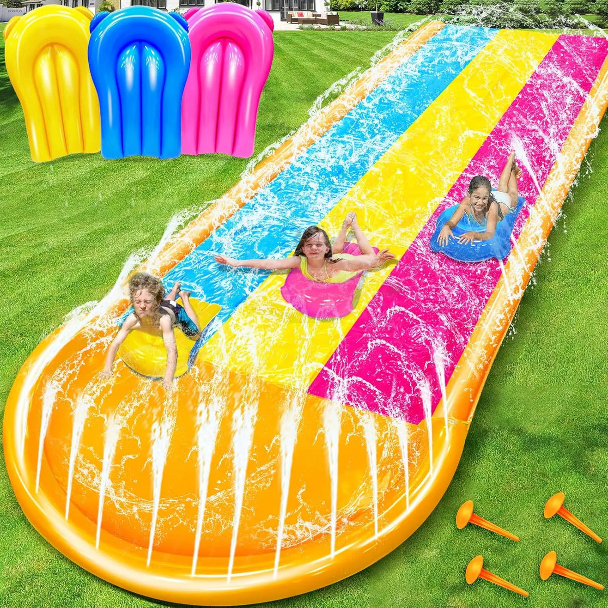 Extra Width Triple Slip Water Slide with 3-Way Sprinklers and 3 Bodyboards