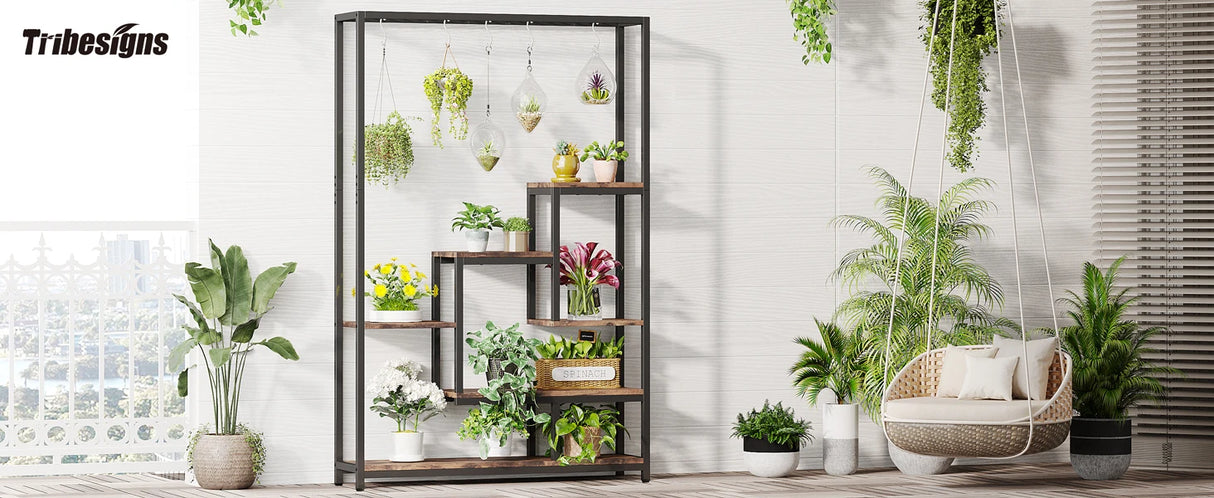 Tribesigns 5-Tier Tall Indoor Plant Stand with 10 Hanging Hooks, 70.9 Inches