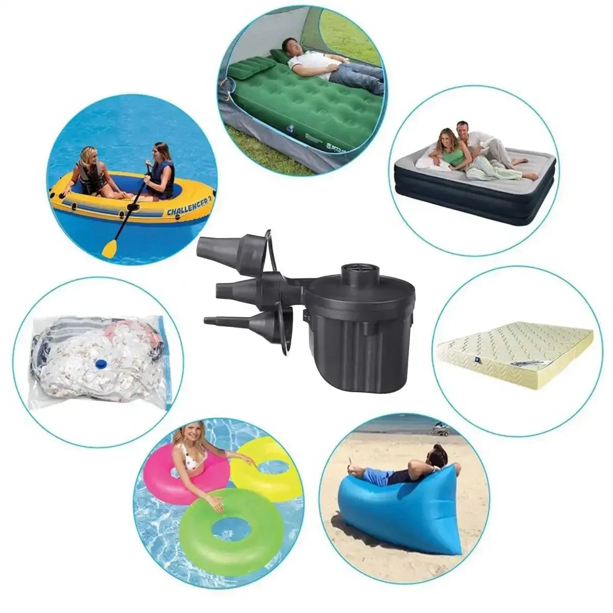 Portable Electric Air Pump 12V with 3 Nozzles for Inflatable Pools and More