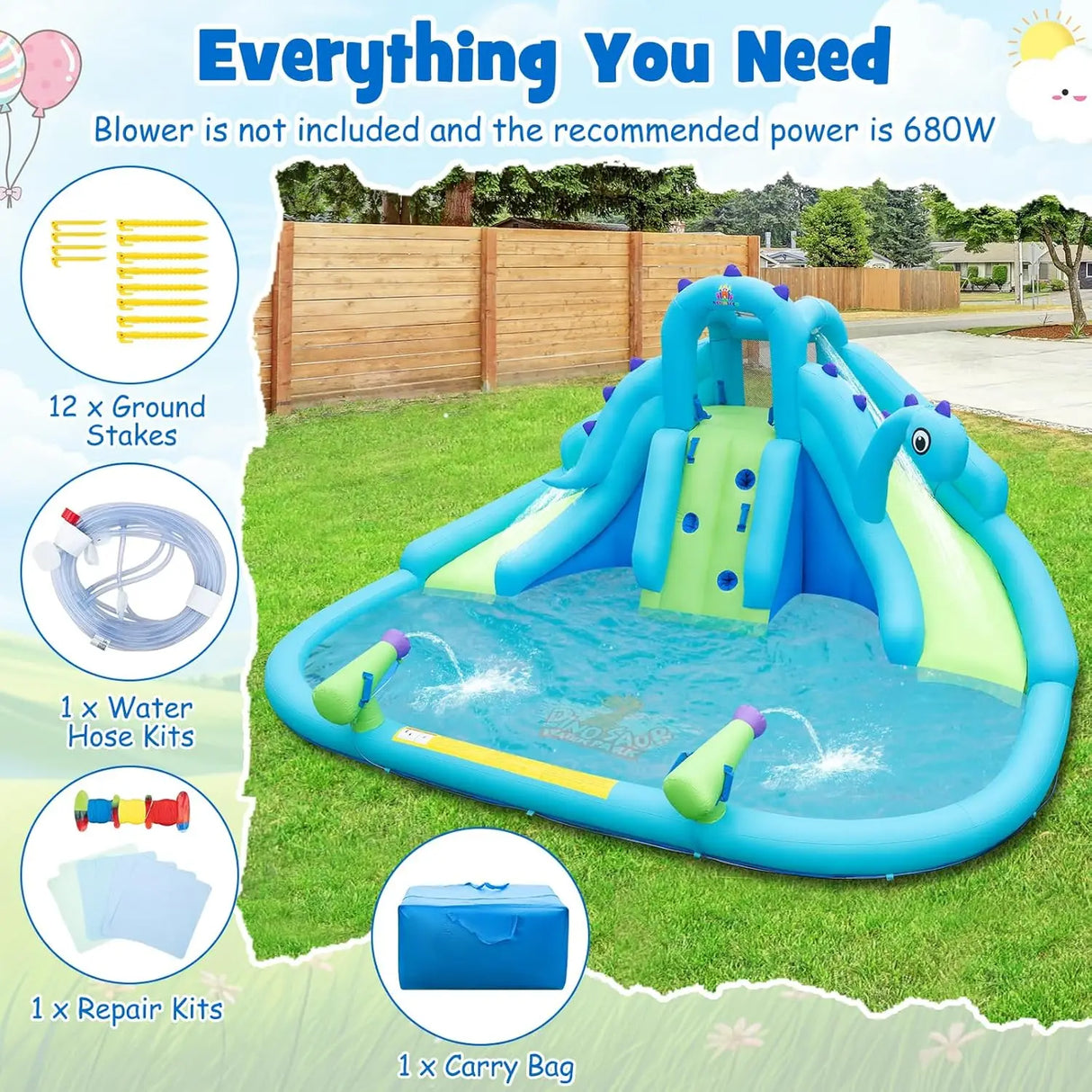 Dinosaur Inflatable Bounce Park with Slides and Splash Pool, Wet & Dry Combo
