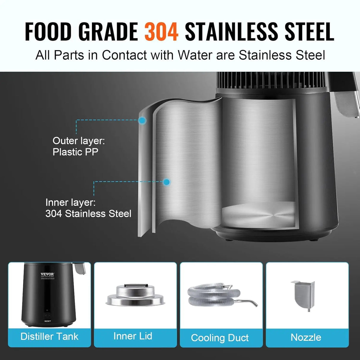4L Countertop Water Distiller, 750W, 304 Stainless Steel, BPA-Free