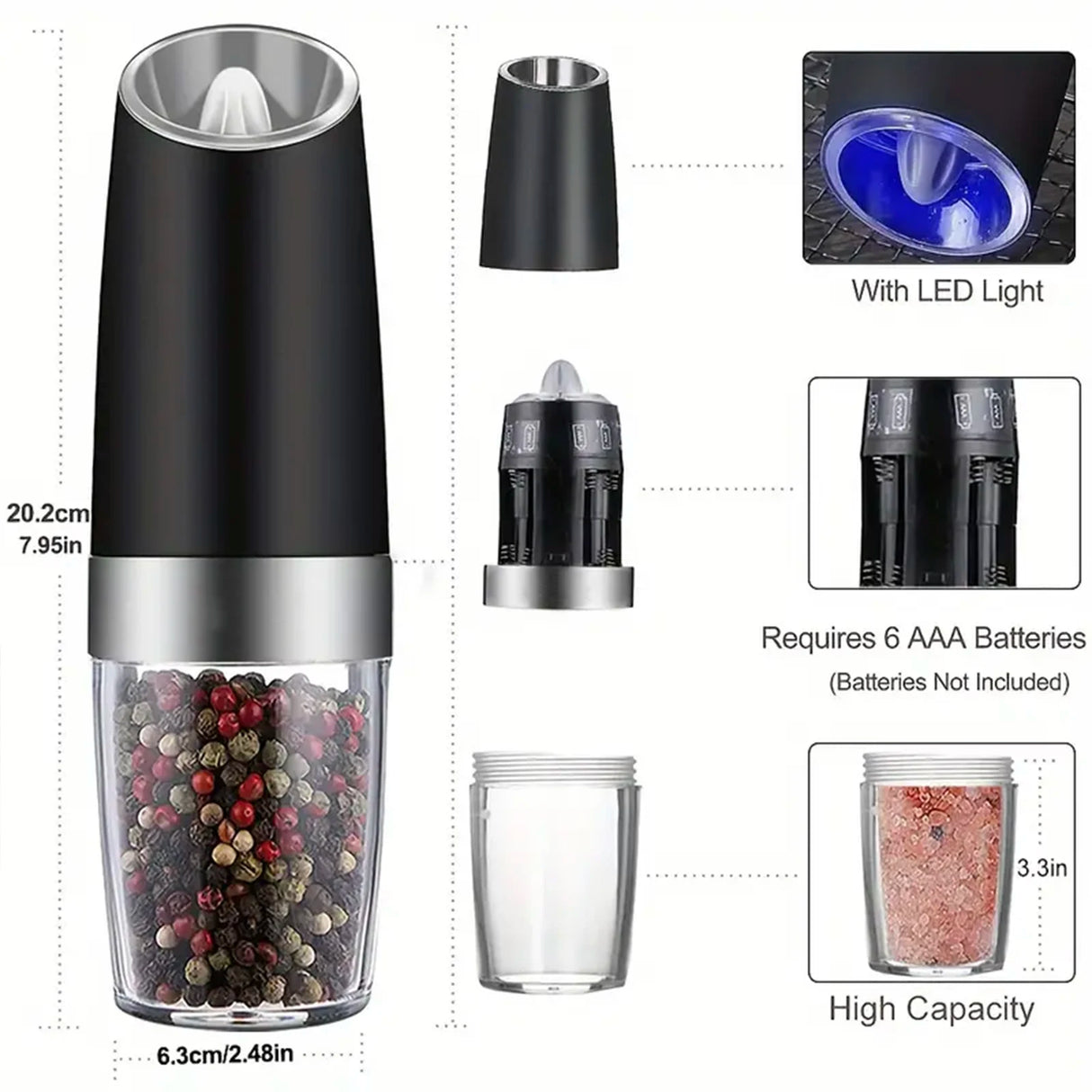 Gravity Electric Salt and Pepper Mill, Battery Powered, Adjustable Coarseness