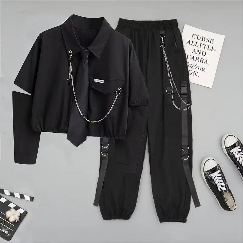 Gender Neutral High Waist Black Cargo & Cropped Shirt Set - Unisex Outfit