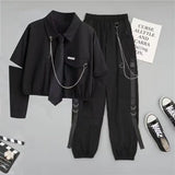 Gender Neutral High Waist Black Cargo & Cropped Shirt Set - Unisex Outfit