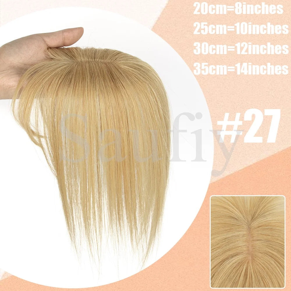 Gray Hair Toppers with Bangs for Women, Clip-in Human Hair, 5x9cm