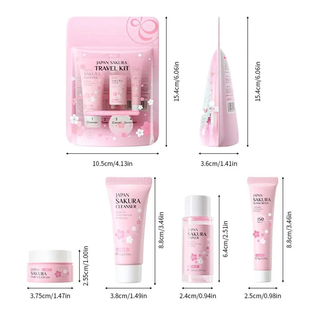 Sakura Skin Care Set with Cleanser, Serum, Eye Cream - Travel Kit for Women