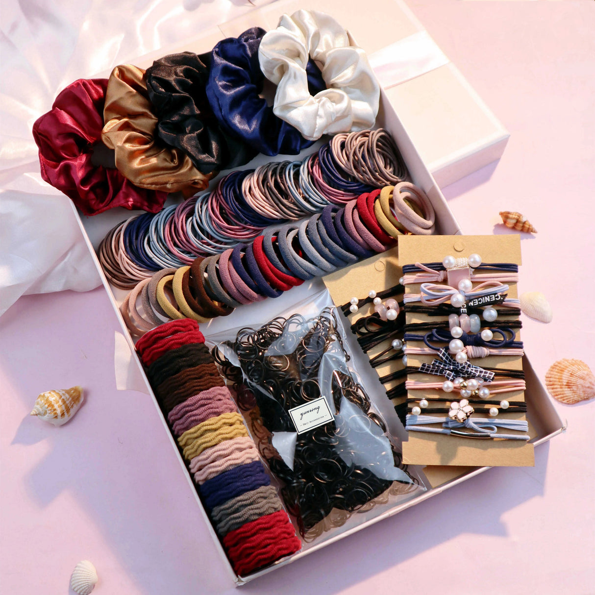 1085PCS Dark Hair Accessories Set - Seamless Ponytail Holders & Scrunchies