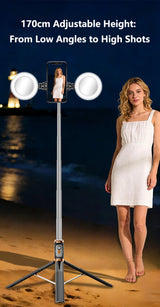 Selfie Stick Tripod 1.7m with Dual Fill Lights & Bluetooth Remote