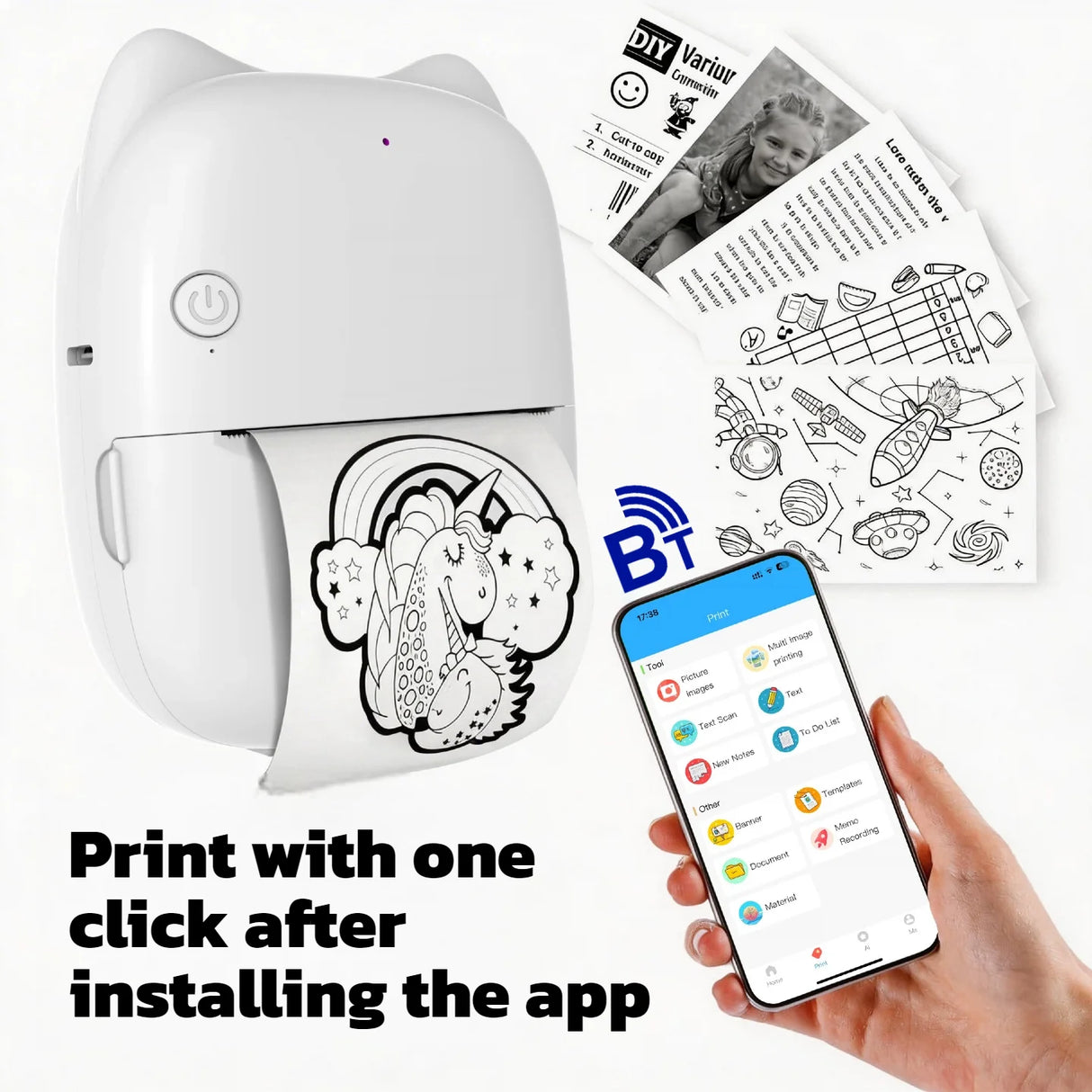 Wireless Bluetooth Mini Printer for iPhone and Android, Inkless Thermal Printing