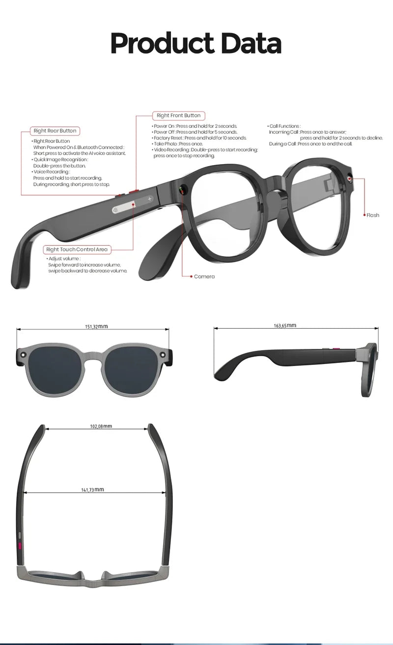 Smart AI Glasses with 800W Camera, Bluetooth, Waterproof, Voice Call