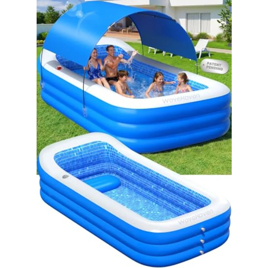 Inflatable Pool with Canopy, Large Blow Up Pool for Backyard Use
