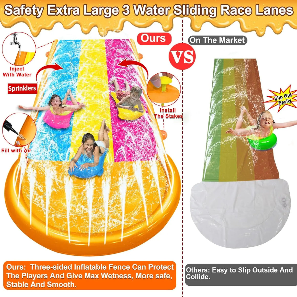 Extra Width Triple Slip Water Slide with 3-Way Sprinklers and 3 Bodyboards