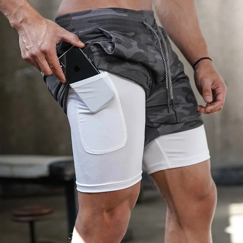 Camo Running Shorts Men 2-in-1 Quick Dry Gym Fitness Summer Workout