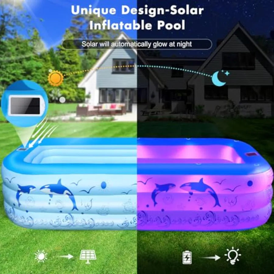 Inflatable Family Pool 100x63x20 PVC Thickened with Solar Lights
