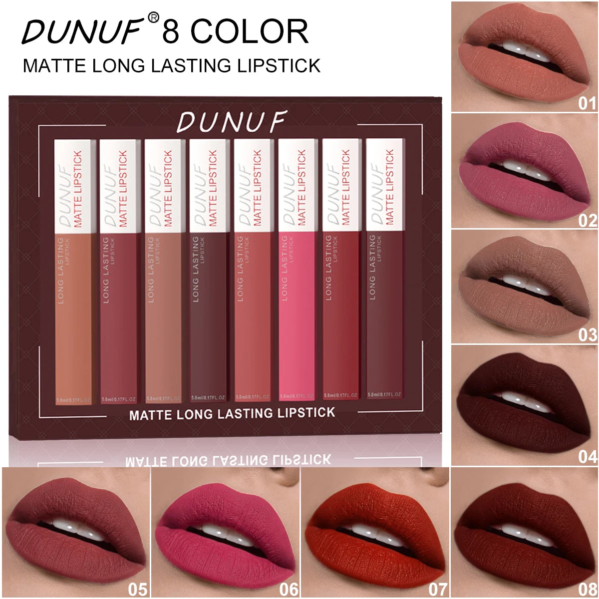8pc Lip Gloss Set Matte Waterproof Highly Pigmented Nude Red Makeup